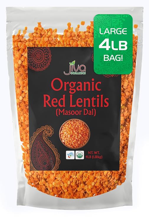 Jiva Organics Organic Red Lentils Split 4 LB LARGE Bag - Masoor Dal - Non-GMO, Vegan, Non-Irradiated, Gluten Free