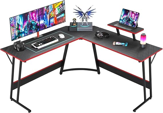 L Shaped Desk 50 Inch Gaming Desk with Monitor Shelf Corner Desk L Shaped Computer Desk for Home Office Writing Workstation, Carbon Fiber Surface, Black