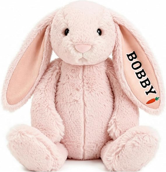 Personalized Easter Bunny Custom Bunny Stuffed Animals with Child's Name Handmade Embroidered Patch Custom Plush Rabbit Toy for Girls Boys Kids
