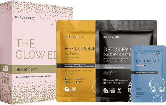 BEAUTYPRO THE GLOW EDIT Spa at Home 3-in-1 Pamper Set 2 Face Masks Detoxify & Hydrate Under Eye Patches for Tired Eyes Dark Circles & Wrinkles Natural Ingredients Multi Award Winning Brand