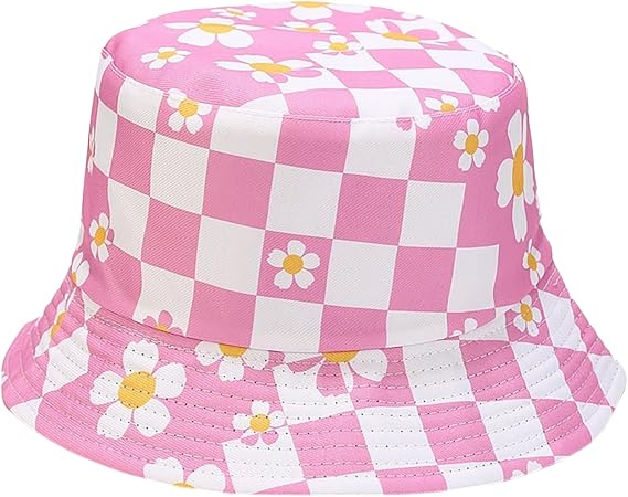 yolrdiw Reversible Checkered Bucket Hat for Women Cotton Summer Beach Flower Fisherman Cap Gift