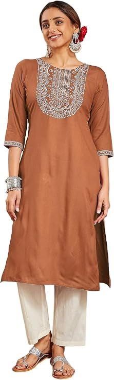 Janasya Indian Women's Rayon Brown Embroidered Festive Wear Kurta for Women