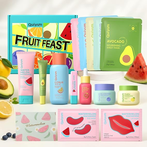Quiyum Fruit Skincare Set, 14Pcs Dopamine At-Home Spa Face Routine Kit