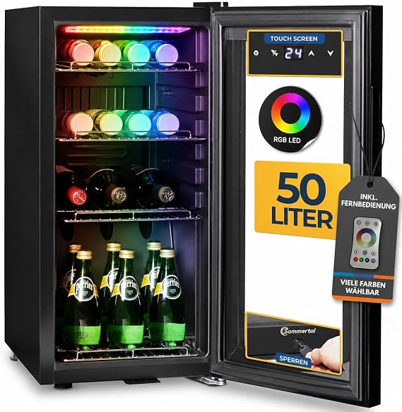 Sommertal GK50 Getränkekühlschrank 50L RGB LED Glastür Touchscreen [Energieklasse E]