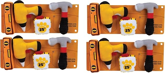 PUREPET Dog Toy Pack 4 Tools in One Set Crinkle Squeak Fetch and Fix Fun Hammer Measuring Tape Drill and Level (Four Sets of Toys)