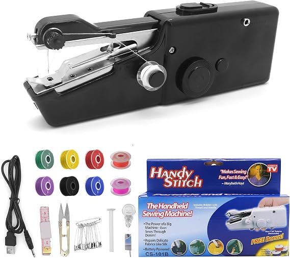 Bemodst Handheld Mini Sewing Machine - Portable Cordless Electric Tool with USB Port and Accessories for Quick Fixes on Clothing, Curtains, Leather - Black