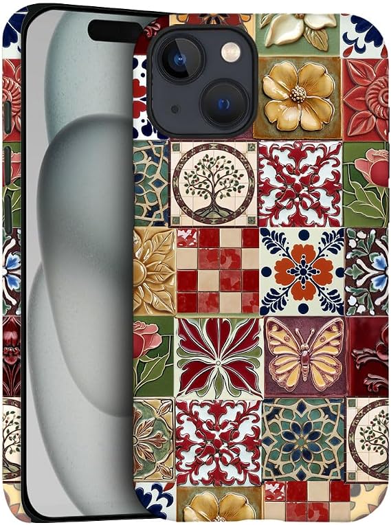 DJSOK Compatible with iPhone 14 Plus,Frosted PC Anti-Scratch Shockproof Case - Vintage Tile Checkered Floral Butterfly