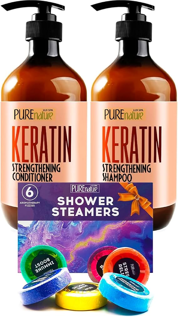 PURE NATURE LUX SPA Aromatherapy Shower Steamers Set and Keratin Shampoo and Conditioner Set