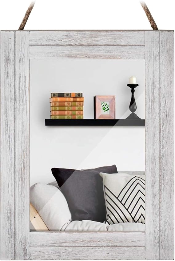 Rectangle Wall Mirror for Bathroom, Distressed White Wood Decor with Hanging Rope for Rustic Home Decor, Vanity, Living Room 12"16"