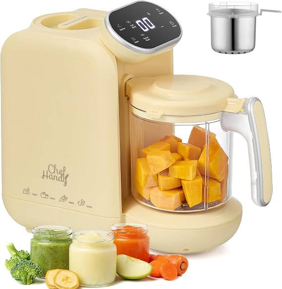 Chefhandy Baby Food Maker, 5 in 1 Baby Food Steamer and Blender, Yellow | Baby Food Processor with Stainless Steel Steam Basket, Bottle Warmer, 6 Reusable Pouches and Recipe Guide Included.