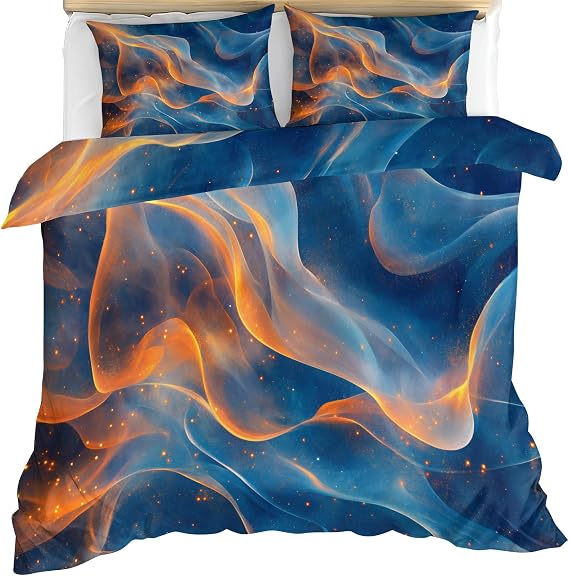 Blue Duvet Cover King, Golden Bedding Set with Zipper, Abstract Duvet Cover with 2 Pillowcases, Reversible 3 Pieces Bedding & Bedroom Decor, Easy Care