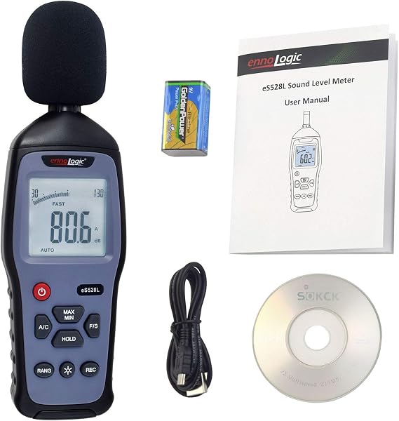 eS528L Decibel Meter and Recorder by ennoLogic Digital Sound Level Meter and Noise Logger Max/Min/Hold, 30-130 dBA Range, Updated Software