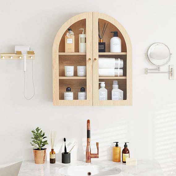 Wall Bathroom Cabinet with Glass Doors, Wood Medicine Cabinet with Adjustable Shelf, Arched Hanging Cabinet for Bathroom, Livingroom, Kitchen (Natural)
