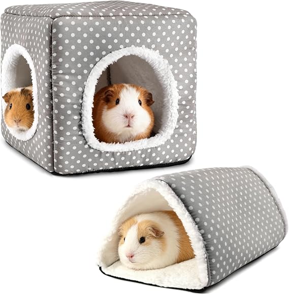 Guinea Pig Hideout, Dwarf Rabbit Bed with Play Tunnel, Washable Fleece House for Dwarf Bunnies, Chinchillas, Hedgehogs, Small Animal Cage Accessories Gray Dot