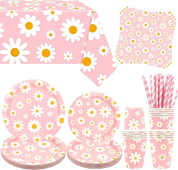 Daisy Party Decoration - Daisy Birthday Party Tableware Supplies Includes Plates, Cups, Napkins, Tablecloth, Straws - Serves 20 (Pink)