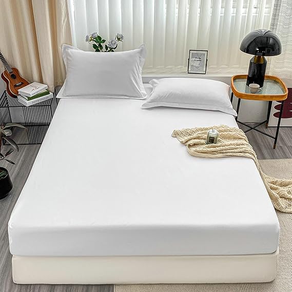Fitted Sheet King Size 79"x79"(200x200cm), Polyester Fitted Sheet White Solid Color King Fitted Sheet