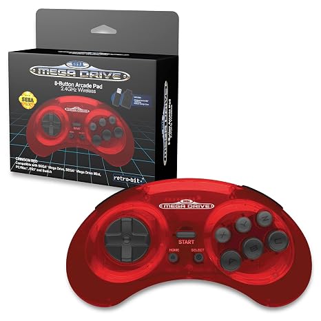Retro-Bit Sega Mega Drive 2.4 GHz Wireless Controller 8-Button Arcade Pad for Sega Genesis Original/Mini Switch PC Mac - Includes 2 Receivers & Storage Case (Crimson Red) (Nintendo Switch)