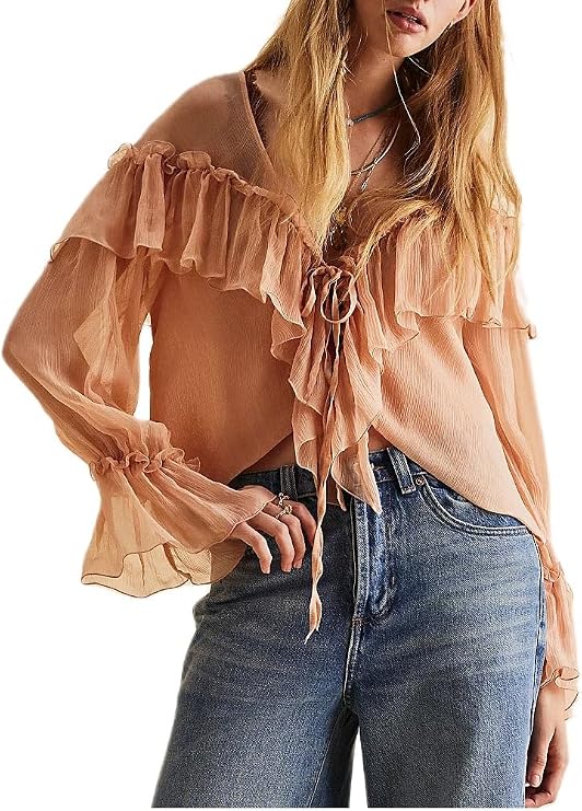 Yiulangde Women's Flowy Bow Front Tie Top Long Sleeve Peplum Lace Trim Chiffon Shirt Sheer V Neck Boho Ruffle Beach Blouse