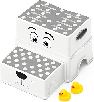 UNCLE WU 2-Step Kids Stool with Adorable Puppy Face Anti-Slip Potty Training Stool for Bathroom Sink, Toilet & Kitchen, Adjustable Height, Lightweight, Includes 2 Duck Toys