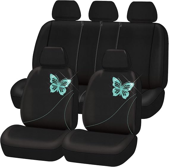 CAR-GRAND Bling Butterfly Car Seat Covers, Cute Mint Butterfly Seat Covers Full Set with Airbag Compatible, Unviersal Fit Sedans,Cars,Vans,Suitable for Women & Girly (Mint with Black)