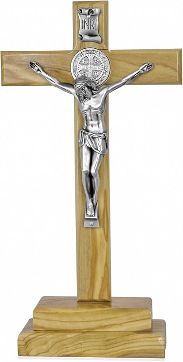Venerare Standing Crucifix Cross 12" Olive Wood Standing Cross with Holder and St. Benedict Booklet Included