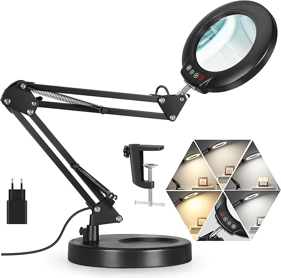 Veemagni 12 x Magnifying Glass with Light 5 Colour Modes Continuously Dimmable 2-in-1 Desk Lamp and Clamp LED Illuminated Magnifying Glass with Light and Stand Hands Free for Crafts Hobby Painting Closing Work [Energy Class E]