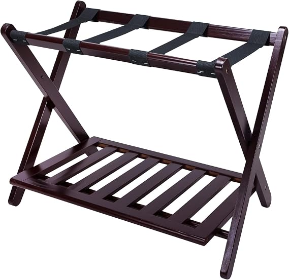 Solid Wood Foldable Luggage Rack Hotel-Style Suitcase Stand for Guest Rooms, Fully Assembled, Durable Hardwood with Strong Straps, Space-Saving Folding Design