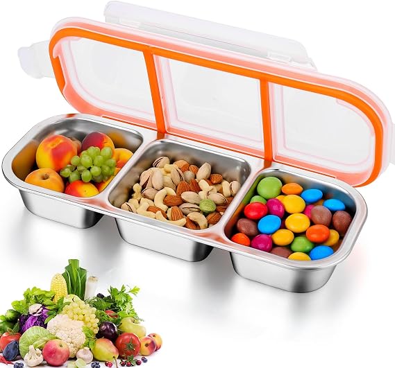 VICDUEKG Snack Box with 3 Compartments Stainless Steel Snack Plate Lunch Box Children Bento Boxes Snack Bowl with Lid Divided Snack Box for Sweets Spices Nuts Biscuits Vegetables