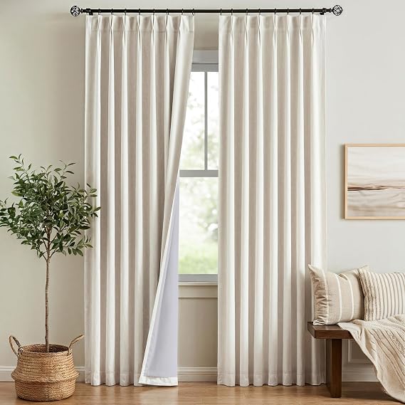 Pinch Pleated Curtains 100% Blackout Linen Curtains 90 Inches Long for Bedroom Living Room, Natural Memory Trained Thermal Insulated Room Darkening Window Pleat Drapes with Hooks, 2 Panels