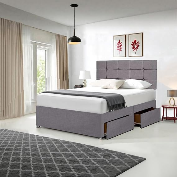 Divan Beds Deals - Stylish Grey Linen Look Divan Double Bed with Spring Memory Foam Mattress | Divan Bed Frame with 20” Cube Headboard & 2 Storage Drawers | Room Decore Bed & Mattress Sets
