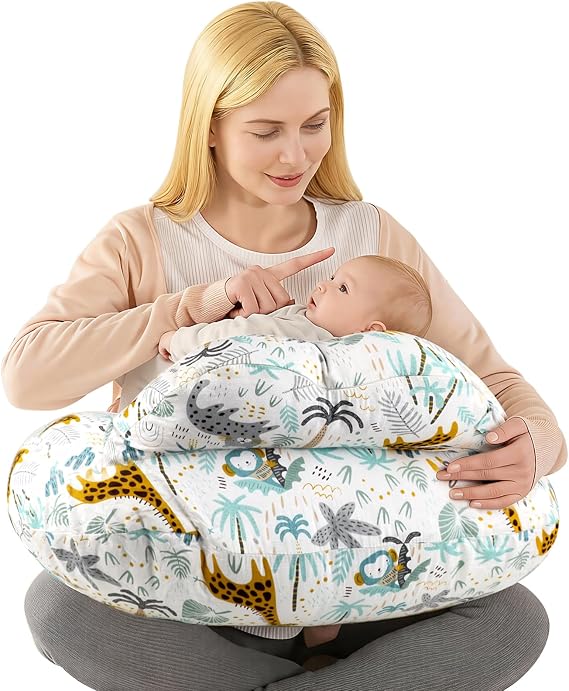 Labtec Nursing Pillow for Breastfeeding Baby, Multifunctional Breast Feeding Pillow with Adjustable Waist Strap and Safety Fence, 100% Cotton Removable Pillowcase, Forest Friends
