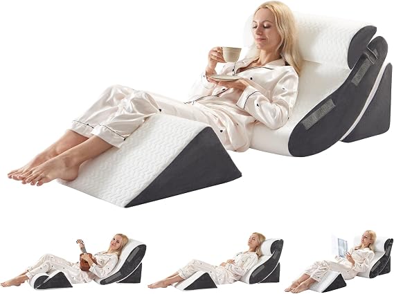 4PCS Orthopedic Bed Wedge Pillow Set for Sleeping, Post Surgery Foam Support Pillows for Back, Neck and Leg Pain Relief, Adjustable Triangle Pillow Acid Reflux, GERD & Snoring Recovery, White Grey
