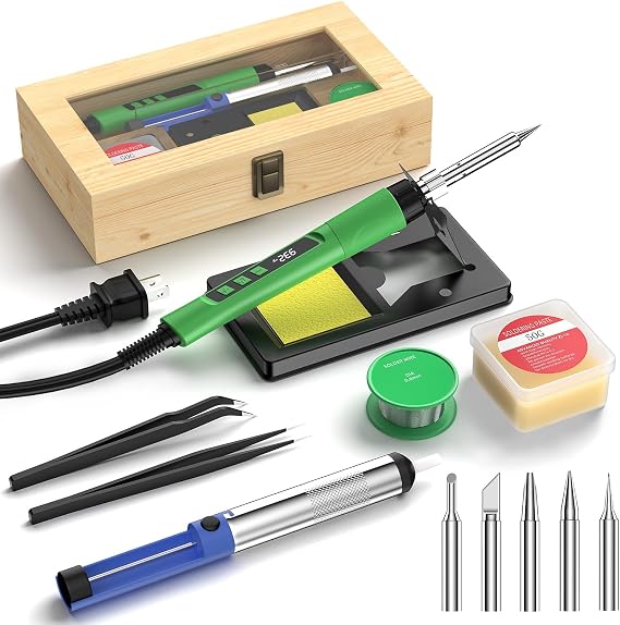 Soldering Iron Kit, 190W Soldering Gun, 110V LED Solder Kit for Electronics, Adjustable Temperature 356-932F, Includes Solder Wire, Sucker, Tips, Stand, Tweezers, Paste and Solid Wood Box, Army Green