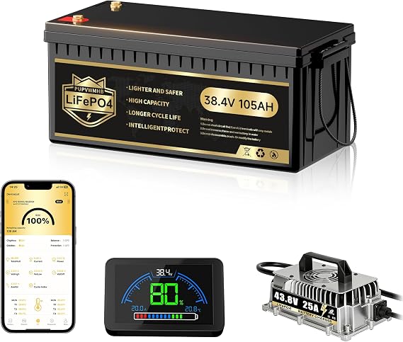 36V Lithium Golf Cart Battery, 36 Volt 105Ah LiFePO4 Battery Built-in 200A BMS, Max Peak Current 1000A, Max 7.68kW Power Output with 25A Charger & Touch Monitor for Golf Cart
