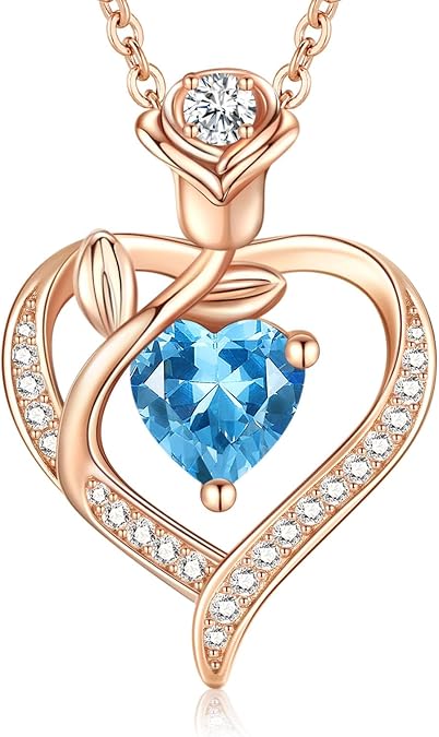 TUNGSTORY Rose Heart Birthstone Necklace for Women Rose Gold Sterling Silver Gemstone Heart Necklace