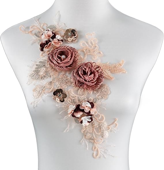 Silvora 3D Embroidered Beaded Pearl Flower Fabric Lace Applique, Handmade Sewing Tool for DIY Wedding Bridal Dress Floral Clothes Patches (Brown-1)