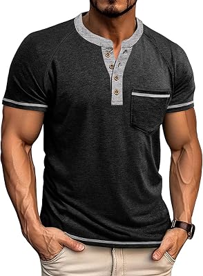 Mens Henley Shirts Short Sleeve Casual Lightweight Button Tee Beach Raglan Tops with Pocket