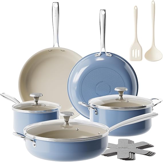 Redchef Ceramic Nonstick Cookware Set,14pcs Pots and Pans Set Non Stick,Induction Cookware with Stainless Steel Handle,Non Toxic Kitchen Cooking Set,Dishwasher & Oven Safe,PFAS PFOA & PTFE Free(Blue)