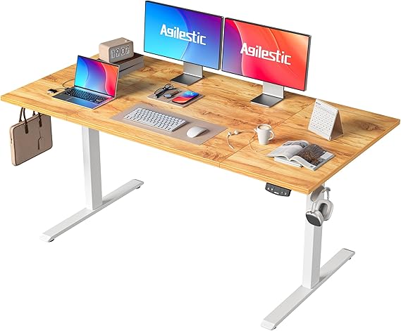 Agilestic Height Adjustable Electric Desk, 2 Memory Height, 160x80cm | 80cm wider Standing Desk, 72-116cm, Sit-Stand Desk with 2 Hooks, Computer Desk for Home Office, 4 pcs Desktops, Light Brown