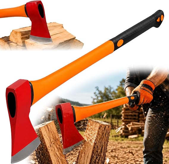 Felling Axe 4.5 lbs, 33.5" Chopping Hatchet with Shock Absorbing Fiberglass Handle, Heavy Duty Splitting Axe for Log Cutting, Firewood, Gardening Tool