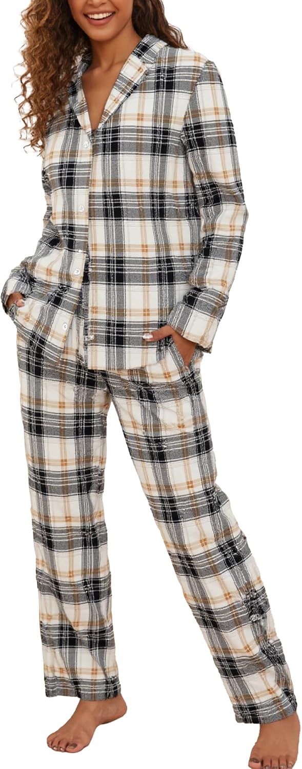 Famulily Women Long Sleeve Pajama Set Plaid Loungewear Sets Button up Top and Wide Leg Pants S-XXL