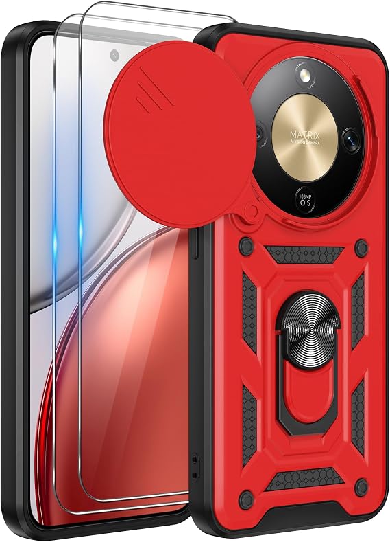 iCatchy Case for Honor Magic 8 Lite With 2 Screen Protector Sliding Camera Cover Shockproof Heavy-duty Military Rugged Ring Holder Kickstand for Honor Magic 8 Lite Phone (Red)