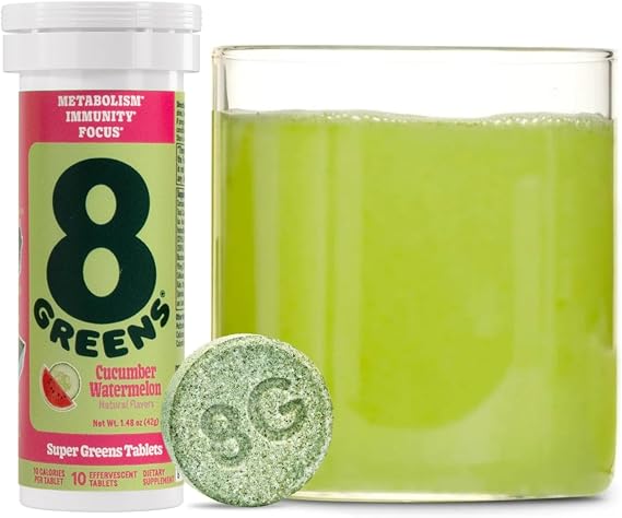 8Greens Supergreens Effervescent Tablets, Cucumber Watermelon, 10 Servings | Boosts Metabolism, Immunity & Focus; Contains Aloe vera, spirulina & chlorella; Vitamins C, B6, B12 & folate; Doctor-Backed
