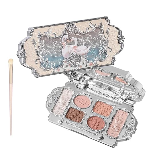 Flower Knows Swan Ballet Six-Color Makeup Palette & Brush Set,Blush,Highlighting & Contour All-in-One Face Makeup Palette with 4 Matte+2 Shimmer Neutral Shades