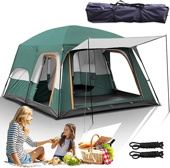 Camping Tent, 2-Room Pop Up Tent with Porch, Waterproof Sun Shelter, Carry Bag, PU 3000MM PE Tarp, Ideal for Backpacking and Hiking