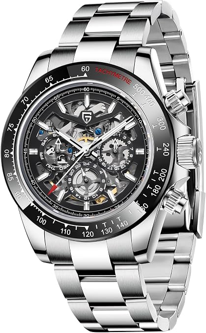PAGANI DESIGN 1777 Men's Multifunction Automatic Mechanical Watch Skeleton Rainbow Bezel Stainless Steel Strap Waterproof Luminous Luxury Analog Watch