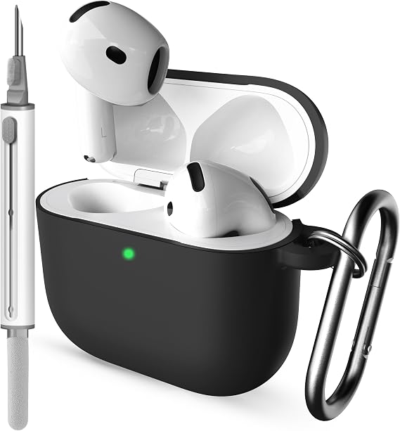 Case for AirPods with Cleaner Kit Shockproof Protective Soft Silicone Case Cover with Keychain for Apple Airpods 4th Generation 2024 Released (Black)