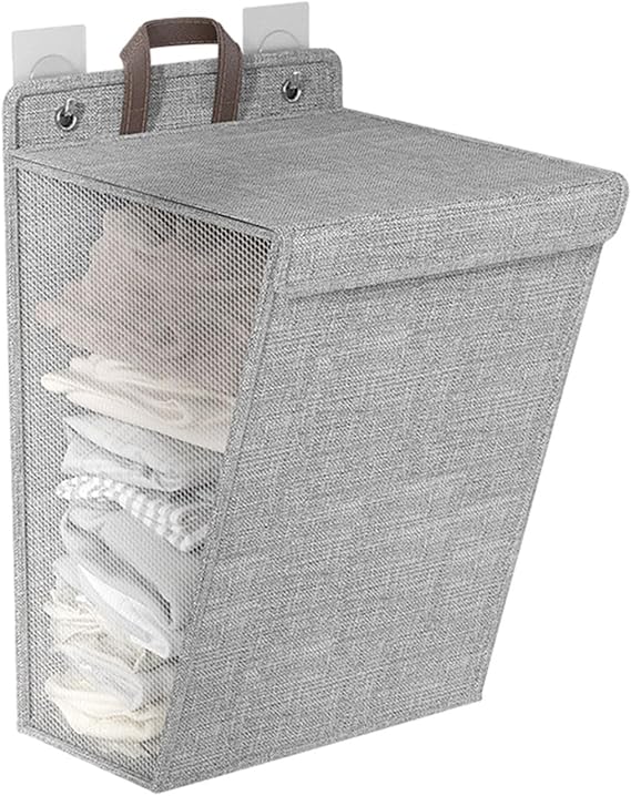 Foldable Hanging Laundry Basket - Wall Mounted Storage Basket | Dirty Clothes Basket With Lid | Dustproof Clothes Hamper Storage | Travel Storage Bucket For Home Bathroom Apartment