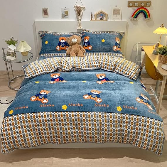Bed Sheet Keep Warmfleece Bedding Sheet Quilt Cover Korean Cartoon Thickened Milk Velvet 4 Pieces Of Double Velvet Winter Plus Velvet Sheets-Brown Bear_1.5M Bed Sheet Four-Piece Set-Duvet Cover 200*23