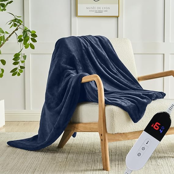 Heated Blanket Throw Flannel - 50"x60" Fast Heating Bed Electric Blankets Throw with 6 Heating Levels & 4 Hours Auto Off, Over-Heated Protection ETL, Flannel Deep Blue